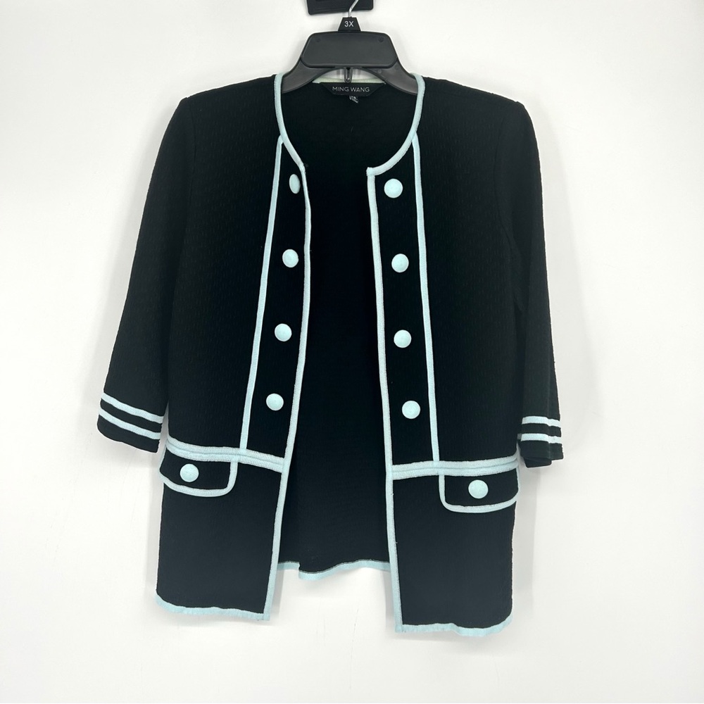 Ming Wang Black & Mint Green Open Cardigan 3/4 Sleeves Size XS Business Casual